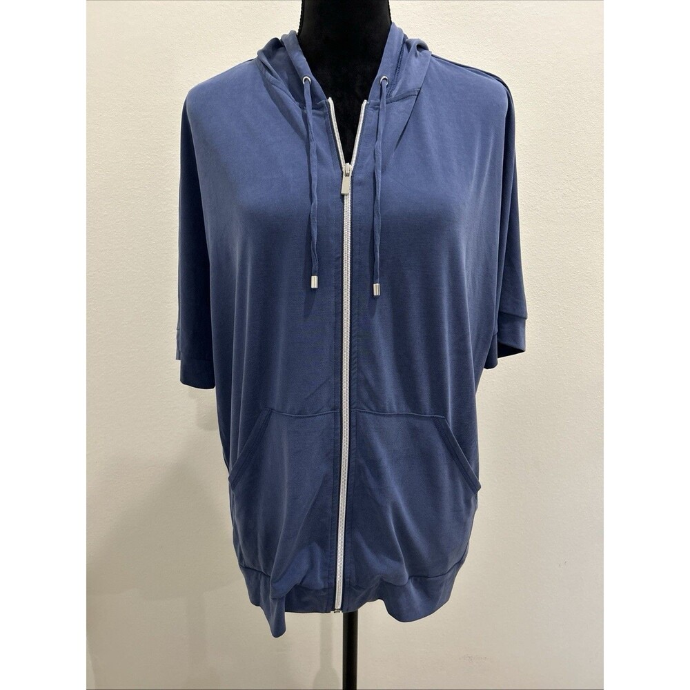 Chicos Zenergy Sz 2 US 12/14 Womens Blue Short Sleeve Full Zip Hoodie